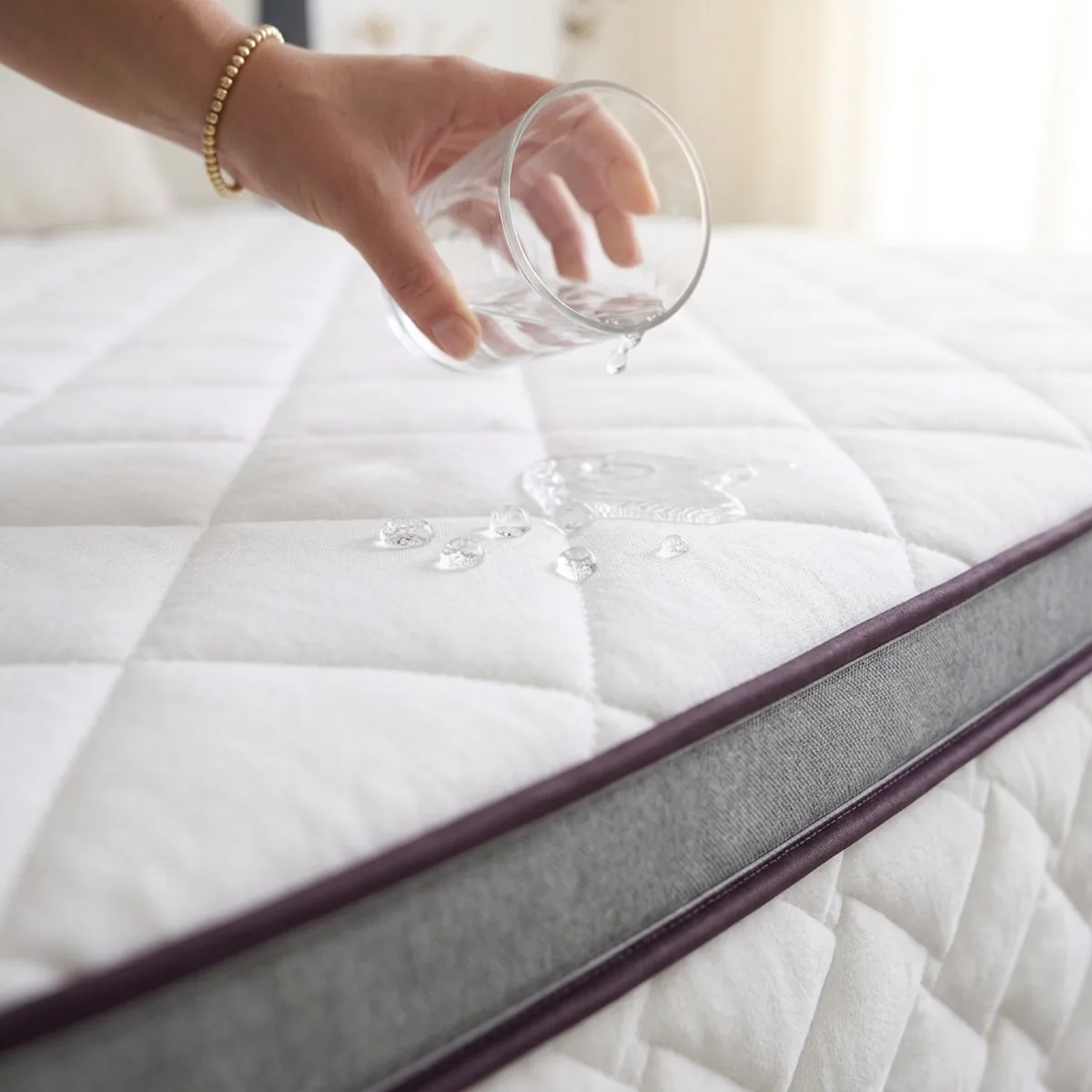 Gotas de agua sobre el acolchado del Protector Pillow: es impermeable